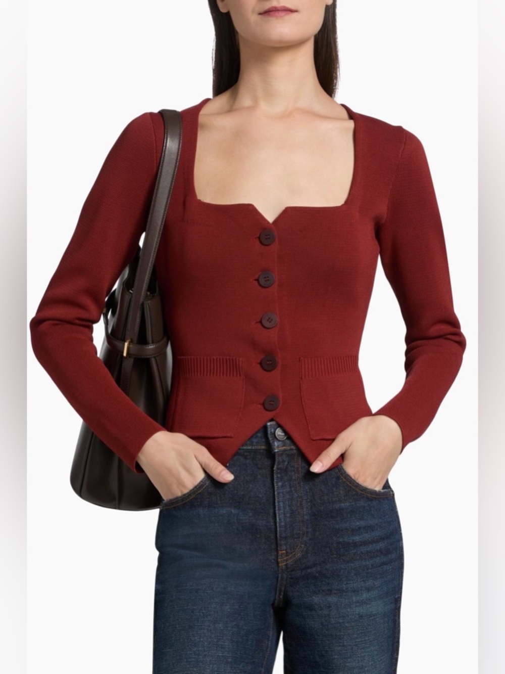 Staud Rachela Knit Button-Front Top in Sangria